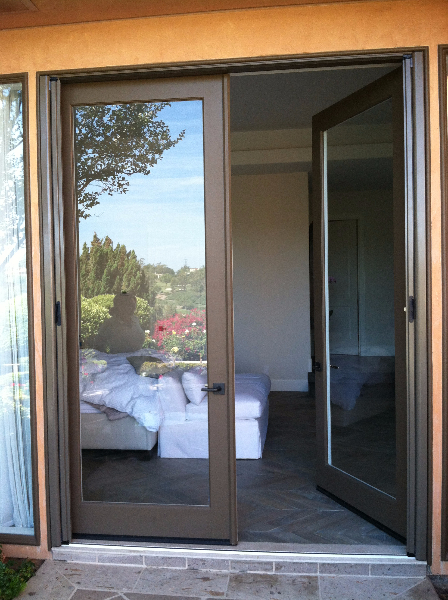 EXTRA TALL AND WIDE BEIGE GREY CUSTOM COLOR FRENCH ROLL-AWAY SCREEN DOORS