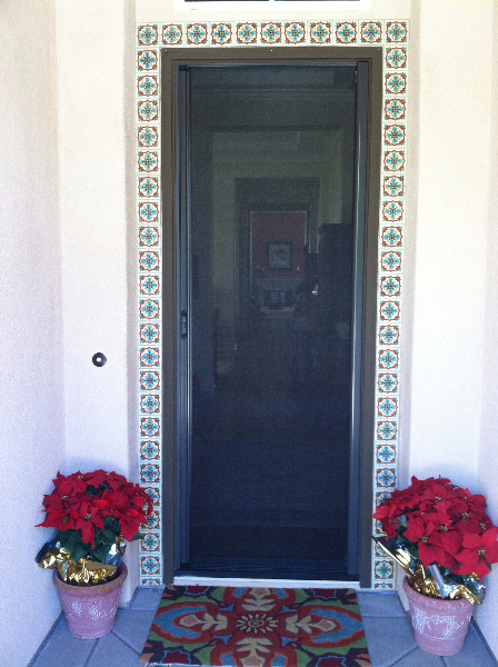 TALL BRONZE ROLL-AWAY RETRACTABLE SCREEN DOOR IN USE
