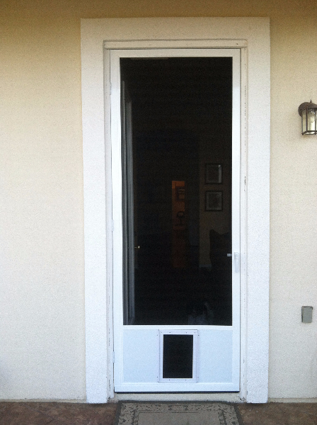 TALL WHITE  FULL VIEW SWINGING SCREEN DOOR WITH SMALL PET DOOR